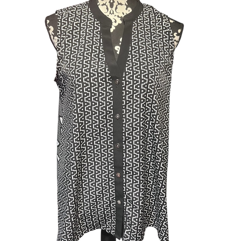 Alfani Sz 8 Sleeveless Blouse Blue Tunic Tank Top V Neck Button Down
